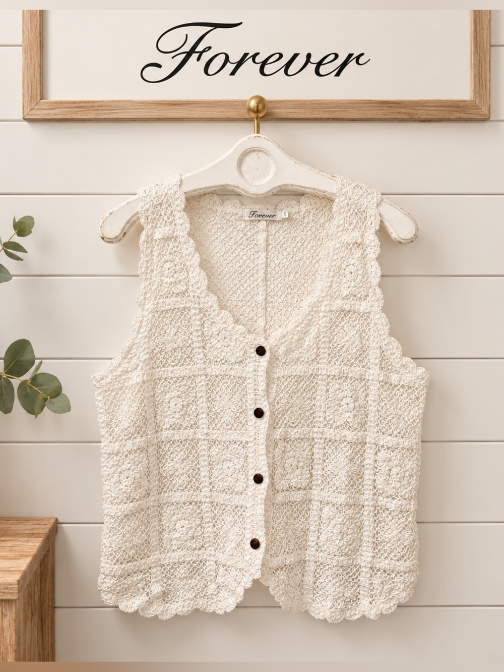 Forever Vintage Crochet Vest – White – L/XL